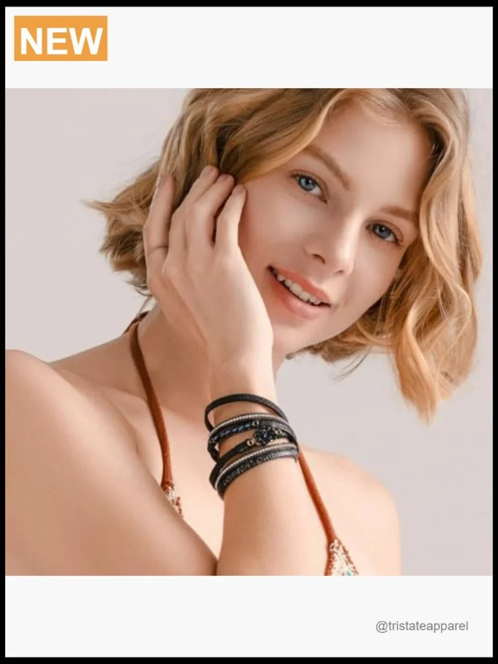 Boho Leather Wrap Bracelet Stackable Crystal Cuff